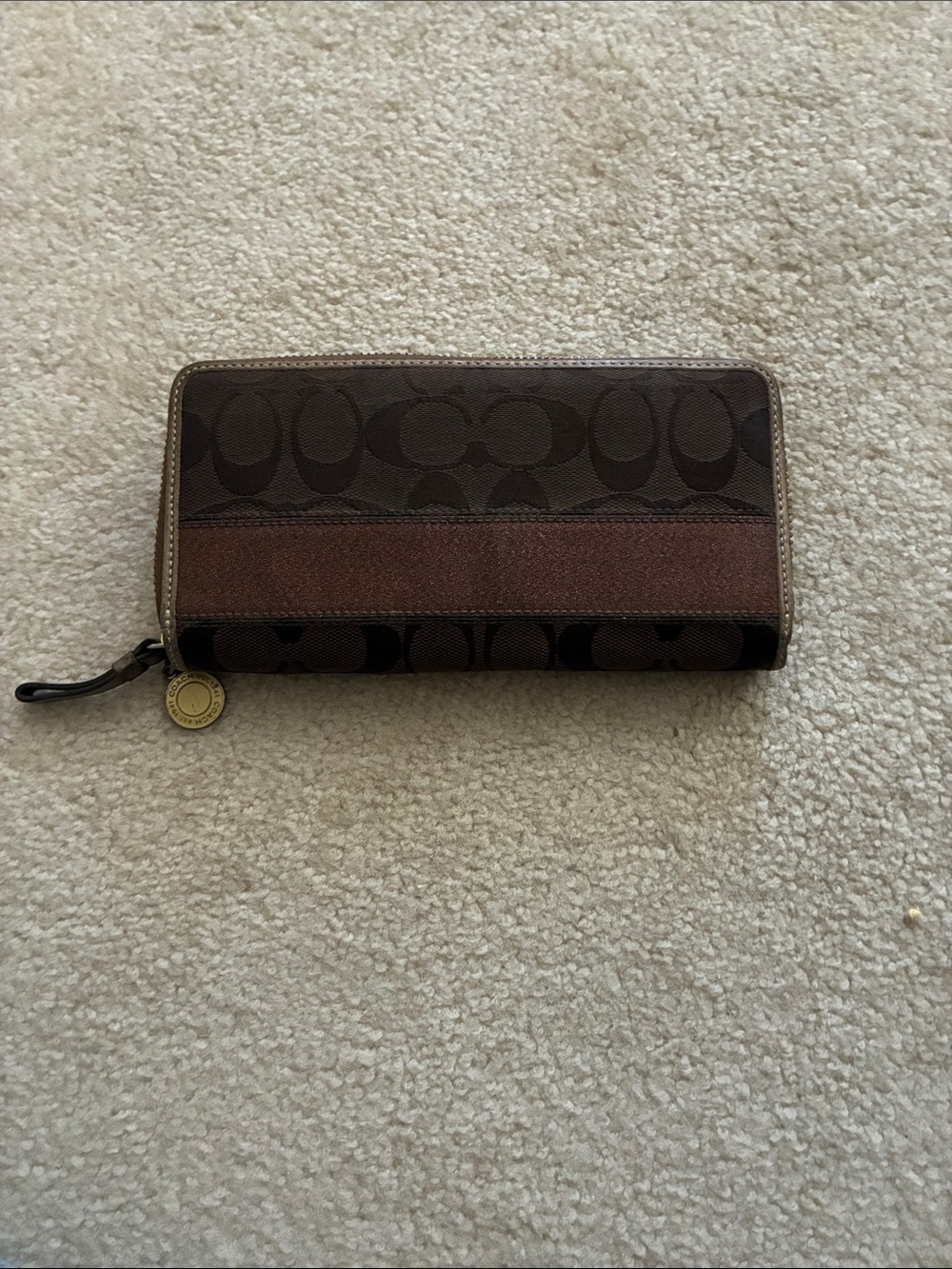 Coach Brown Signature Canvas Zip Wallet with Logo Charm